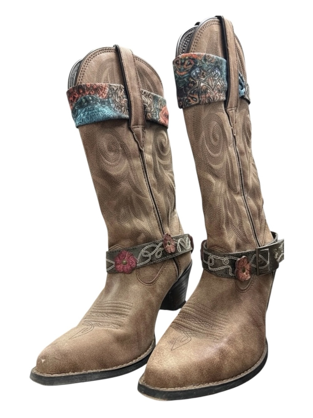 🤎 Durango Leather Embroidered Western Boots | Boho Floral Strap | Distressed | 9